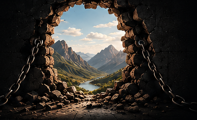 Breaking through a wall to sunlit mountains