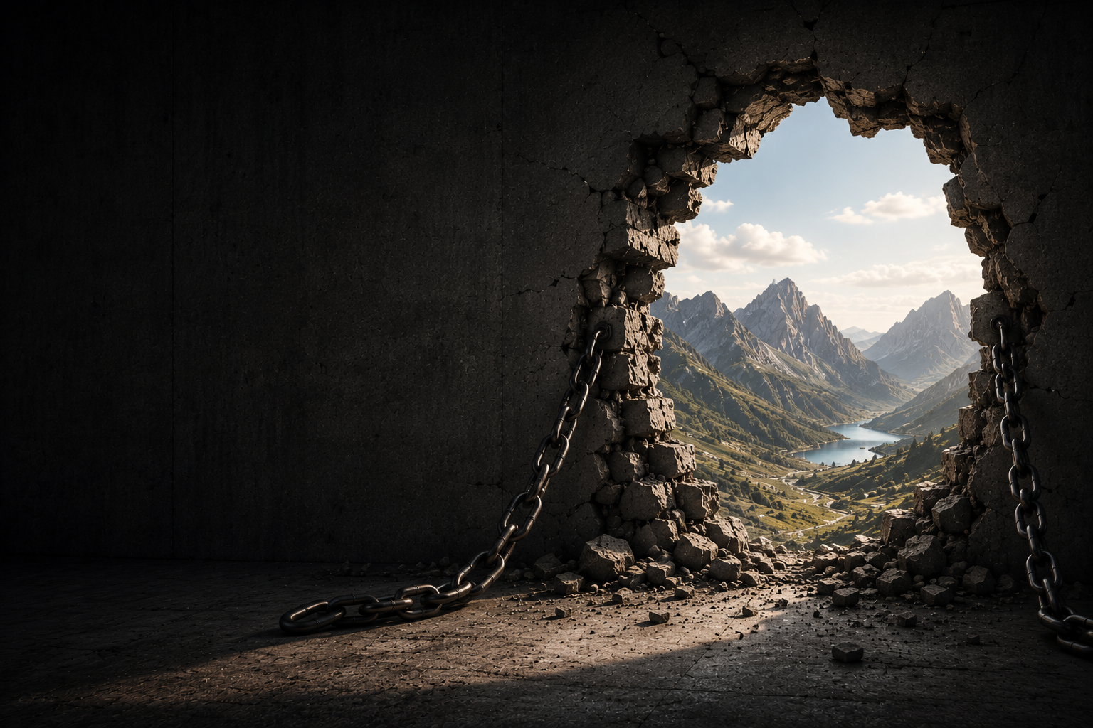Wall broken open onto sunlit mountains, chains falling away